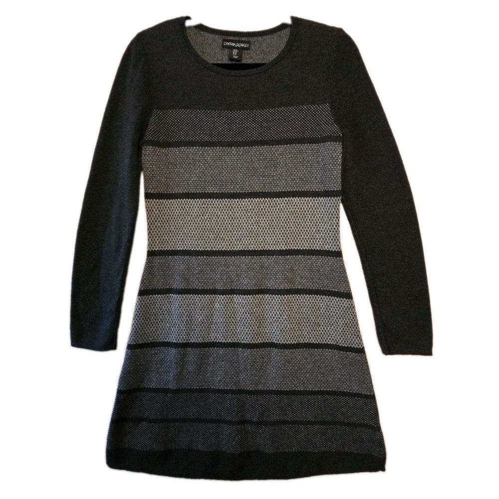 Cynthia Rowley Sweater Dress Gray Stripe Knit Medium A-Line Minimalist Cabincore